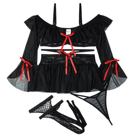Midwennn Sexy Underwear Sexy Net Clothes See Through Horn Point Sleeve A Line Neck Off Shoulder Four Piece Shapewear Bodysuits Surprise Bigger Surprise Lingerie Shapewear Bodysuits plus Size Push up