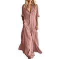 thumbnail image 2 of Odbmxy Womens Maxi Dress Collared Fall 3/4 Sleeve Tunic Women Shirt Dress Shift Button Regular Solid Color with Pockets, 2 of 6