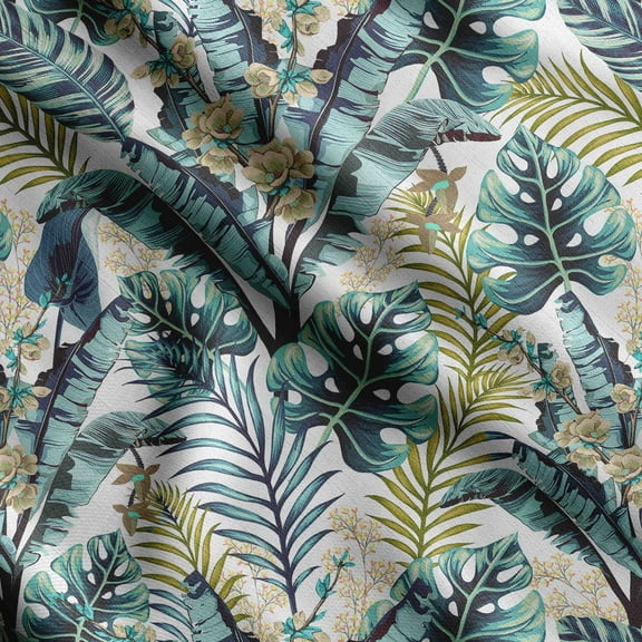 Soimoi Leaves Print, Silk Fabric, Decor Sewing Fabric by The Yard 42 Inch Wide,Decorative Fabric for Shirts Suits Ties, Teal Blue