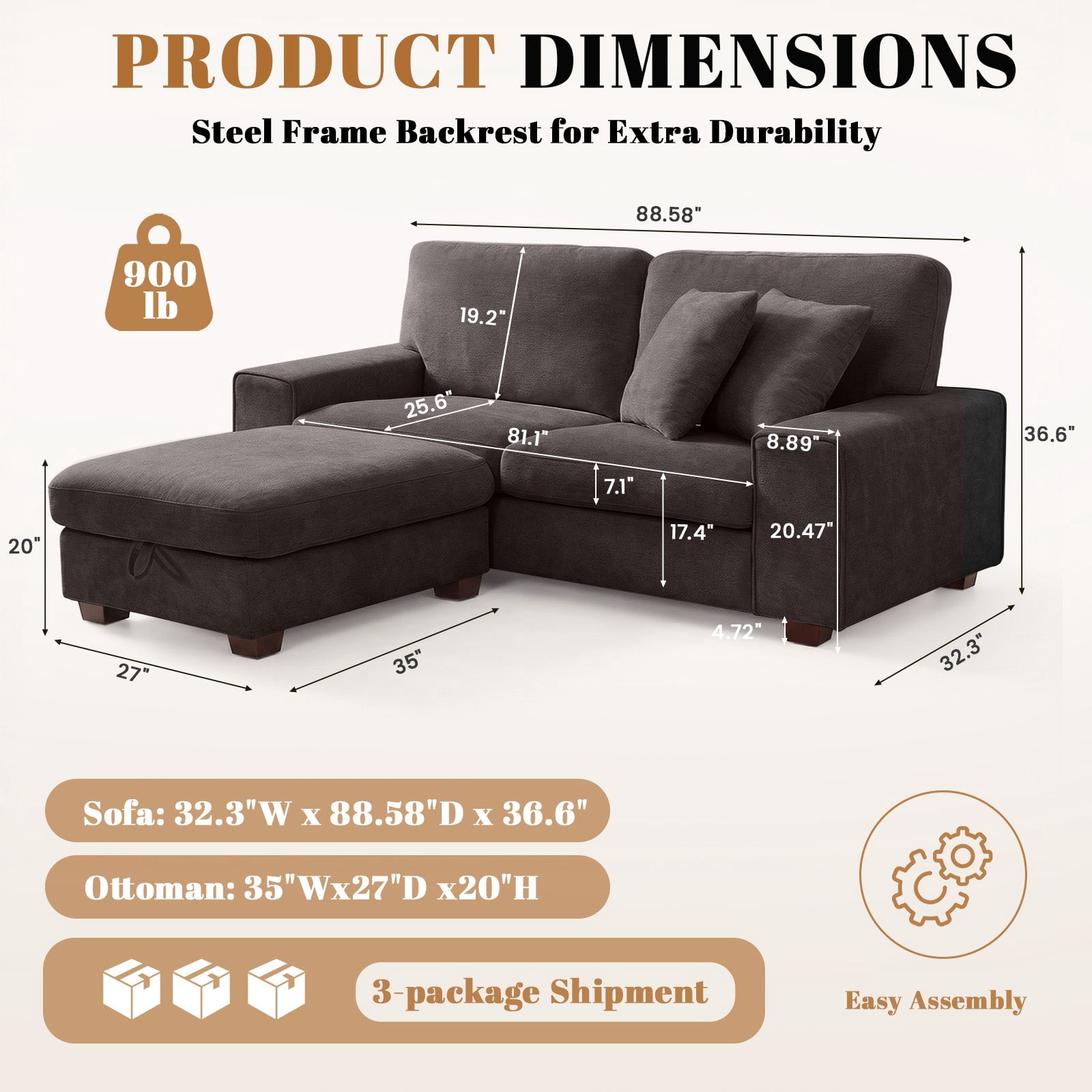 Poshby 88.58''W Sectional Sofa 3 Seater Couch with Chenille, Modern Square Arm for Living Room, Dark Gray