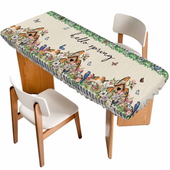 Spring Botanical Table Cloths for 8 Foot Rectangle Tables, Farmhouse Vintage Black Plaid Brown Patio Waterproof Elastic Fitted Tablecloths, Washable Rectangular Table Cover for Camping