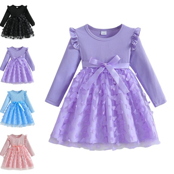 Bmisegm Kids Dress Long Sleeve Round Neck Tie Waist 3D Butterfly Decor Tiered Flowy Skirt Casual Girls' Dresses 7-8 Years