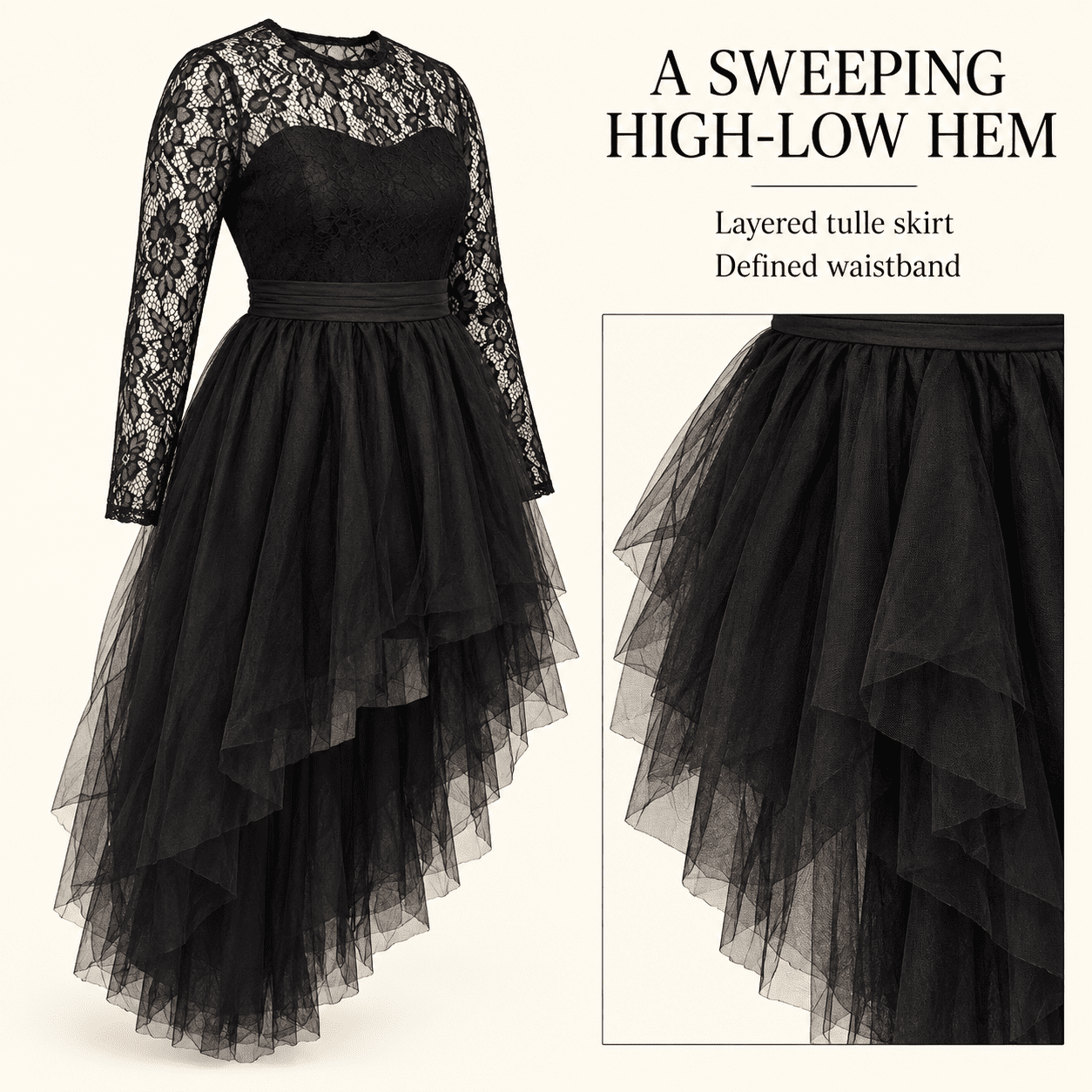 Plus Size Women High Low Tulle Prom Dress Long Sleeve Hollow Floral Lace Ruched Waist Ruffle Tiered Evening Party Gown