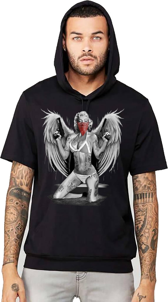 Men's Marilyn Monroe Red Bandana Wings Black Short Sleeve Hoodie T-Shirt Large Black
