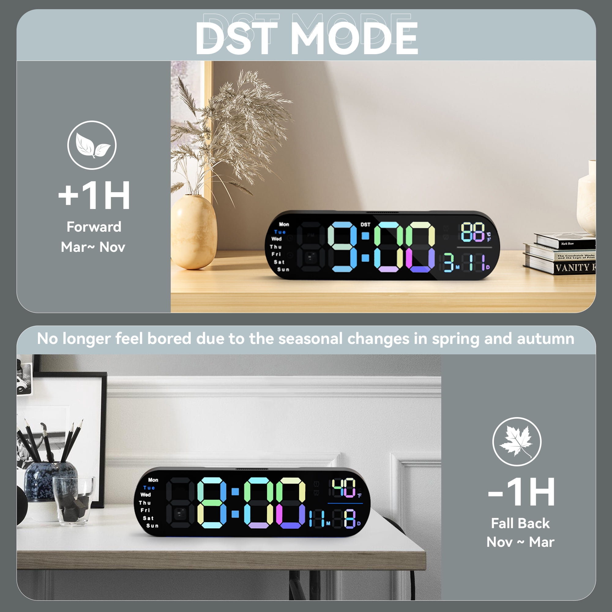 Large Digital Wall Clock with Dual Alarms and 10-Level Automatic Brightness Adjustment Remote Control to Easily Set The Wall Clocks, 13’’ Colorful Wall LED Clock for Bedroom, Living Room Decor