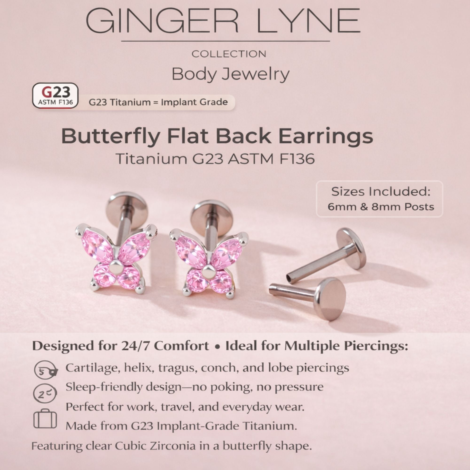 Small Butterfly CZ Solitaire Flat Back Stud Earrings Titanium Body Piercings by Ginger Lyne 2 Sets Post 6mm 8mm