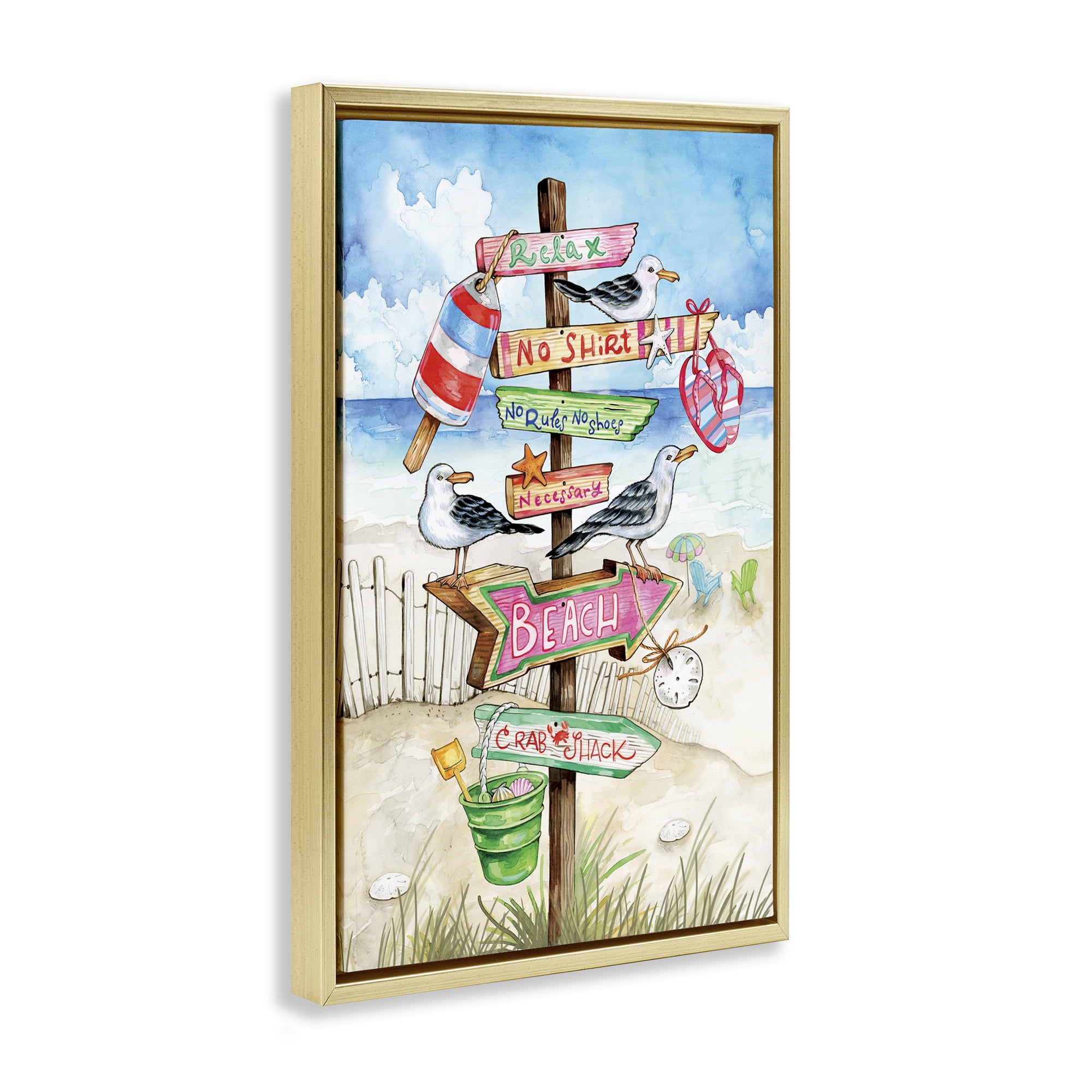 Stupell Industries Seaside Rules Signs Nautical & Beach Painting Gold Floater Framed Canvas Art Print Wall Art, 17 x 25