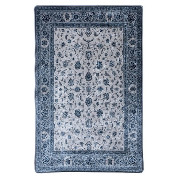 Colle Distressed Floral Oriental Area Rug, Silver Grey / Blue