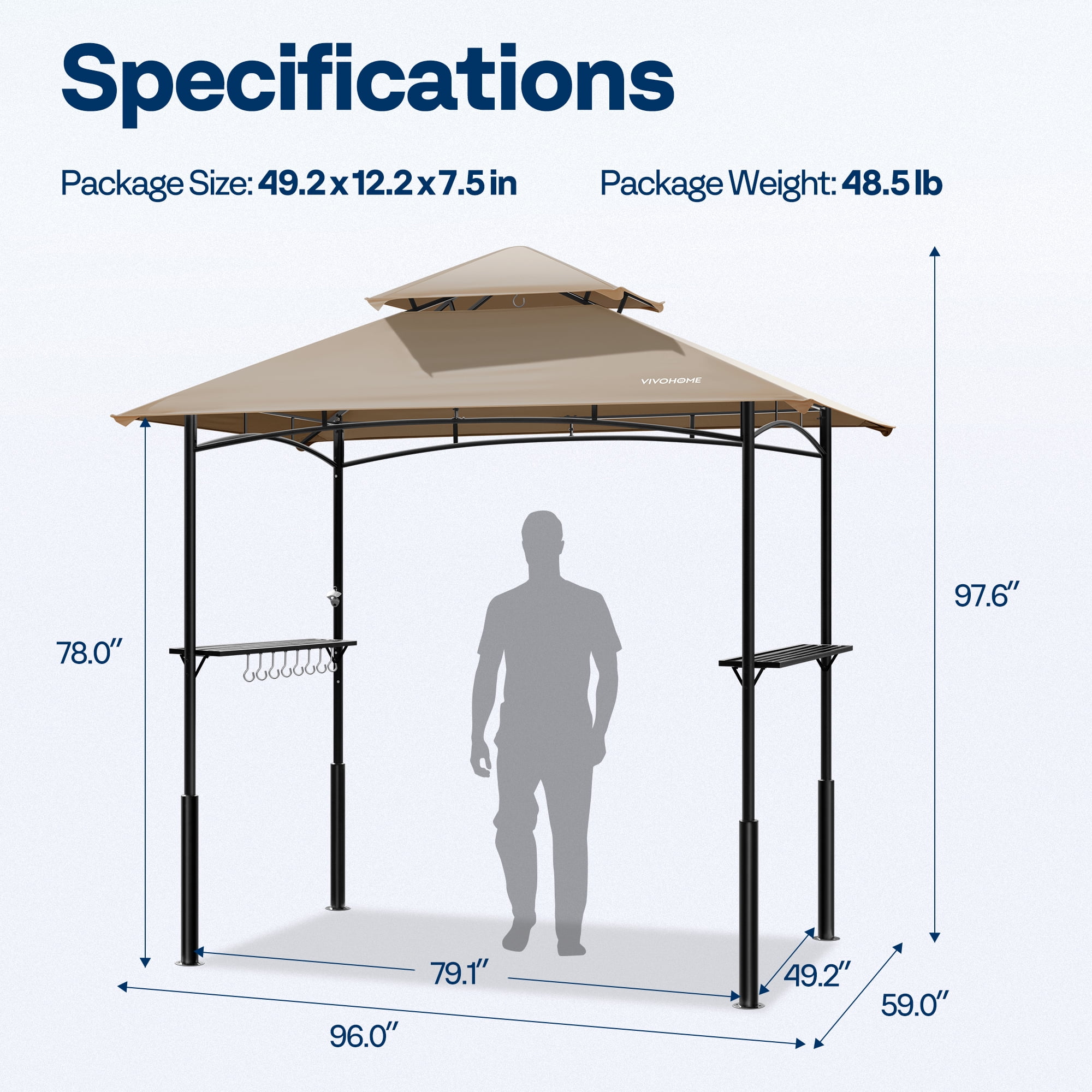 SPECSTAR 8' x 5' Grill Gazebo Canopy, Outdoor BBQ Gazebo Shelter with 2 Side Shelves & Double-Tiered Top, Taupe
