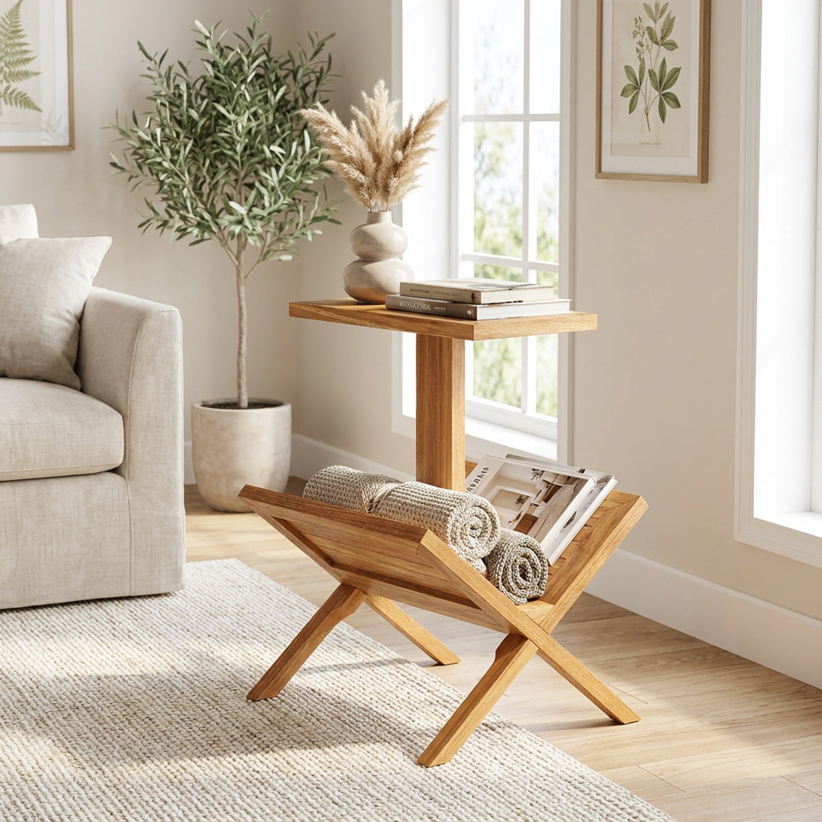 Furnibear 2 Tier Side Table with Magazine Rack and Solid Teak Wood Frame for Living Room Bedroom and Home Office Reading Nook, Natural