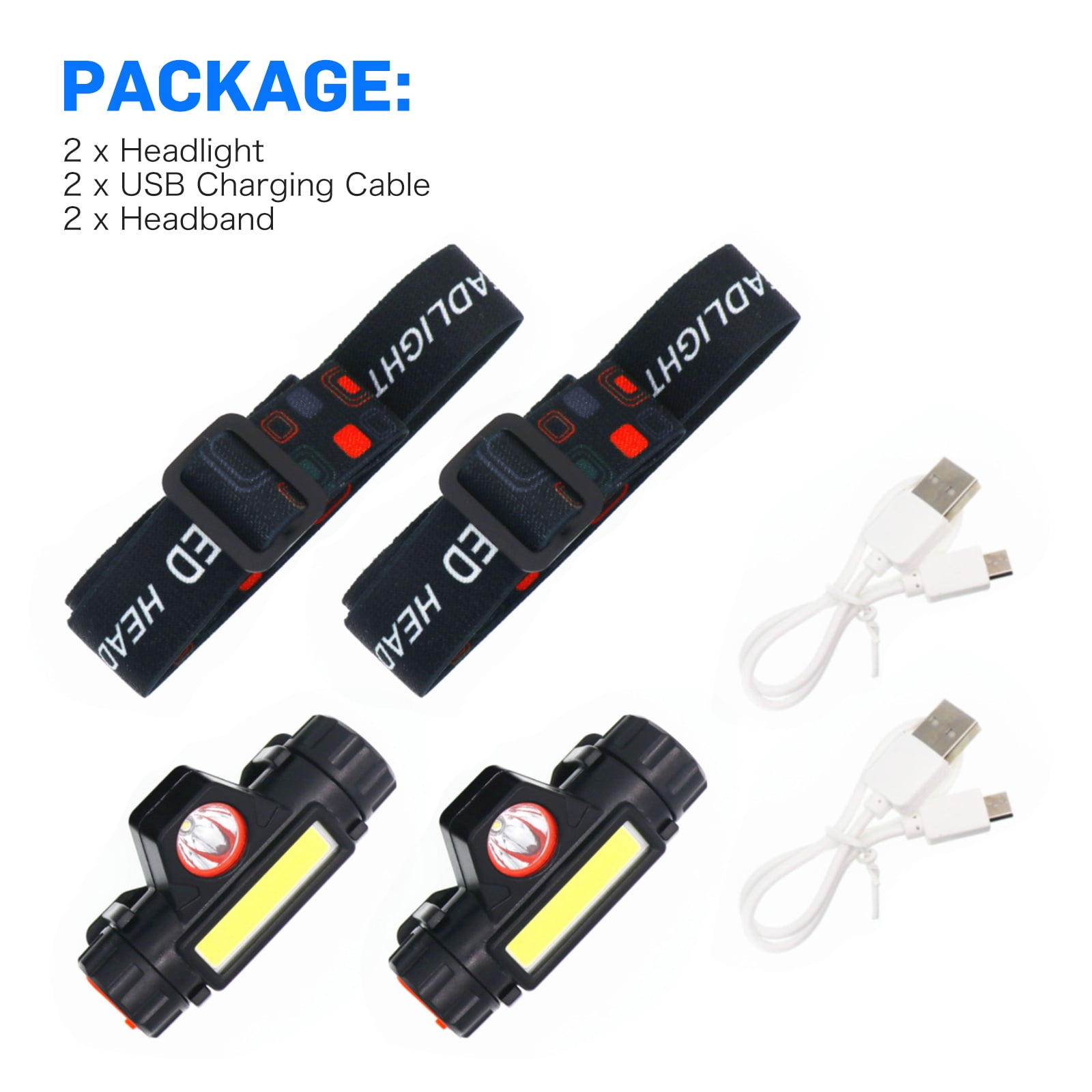 Headlamp Flashlight, Led Camping Headlight 500 Lumens USB Rechargeable Super Bright Head/2 Modes/Waterproof/Built in Batteries for Outdoors, Camping, Fishing,2 pack