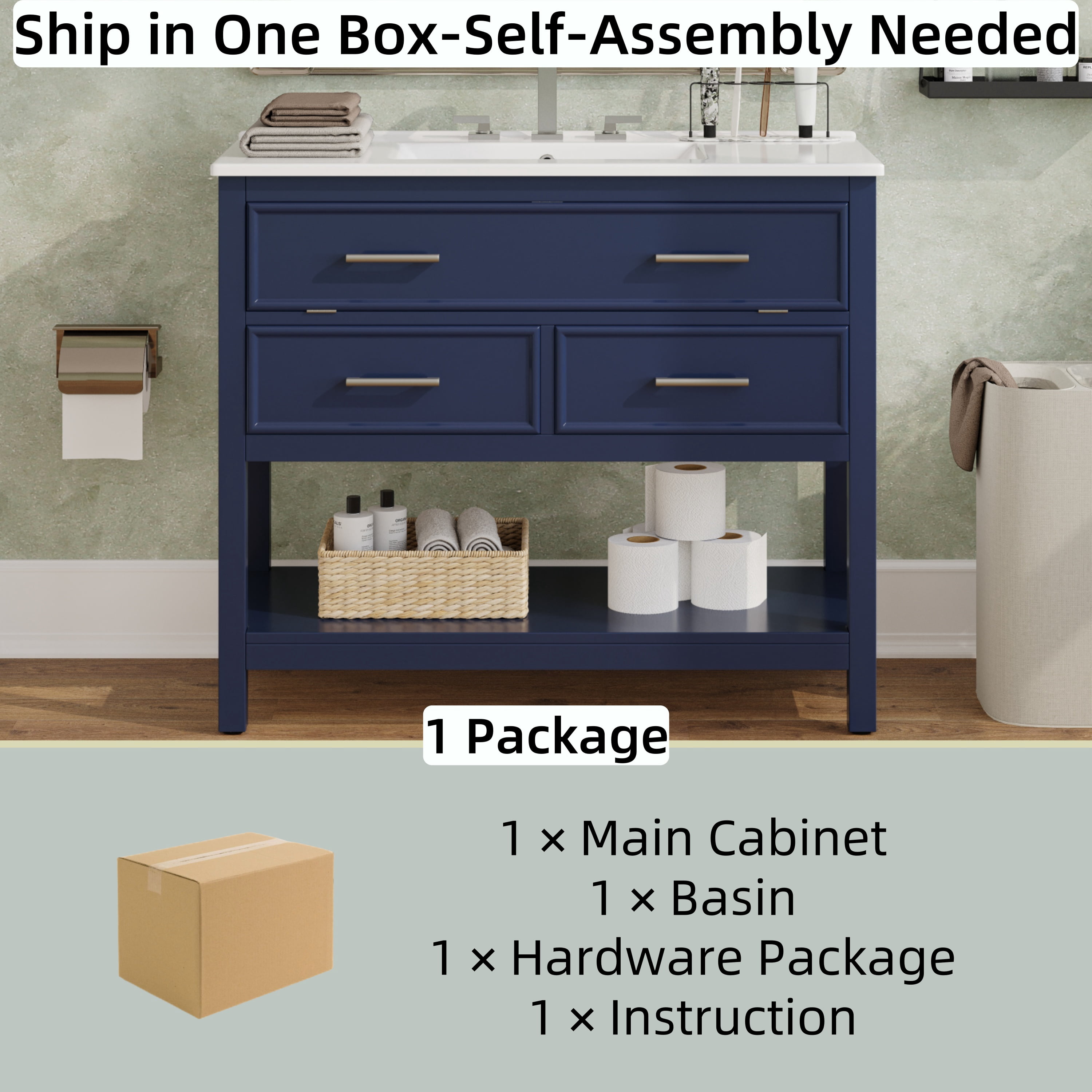 Euroco 36" Bathroom Vanity with Ceramic Sink, Bathroom Vanity with Tip-Out Tray and 2 Full-Extension Drawers, Silver Pulls and Soft Close Drawer Slides Design, 1 Open Shelf at the Bottom, Blue