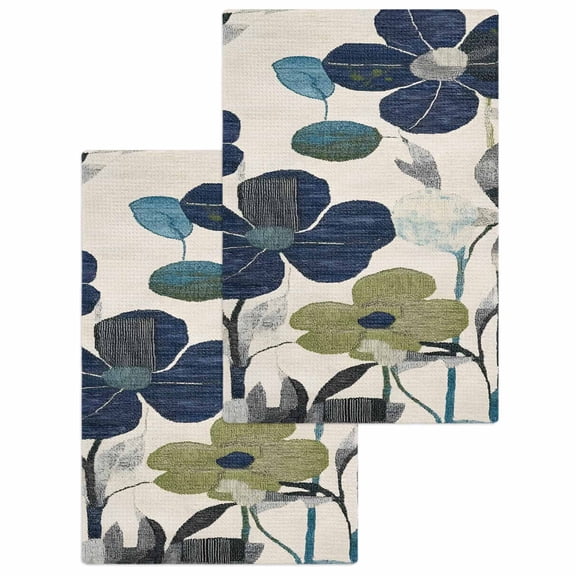 Navy Blue Green Floral Hand Towels Set, Waffle Weave Kitchen Towels 2 Pieces, Vintage Botanical Leaves Microfiber Hair Face Bath Tea Towel Absorbent Quick Drying Cleaning Dish Cloths, 15.7"x23.6"