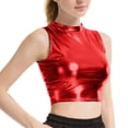 thumbnail image 2 of Pantalones de Cuero de Cintura Alta para las Mujeres con Textura Patente Brillante, Top de Club Nocturno de las Mujeres, Tops sin Mangas de Cuello Alto para las Mujeres en Estilo Metálico, 2 of 9