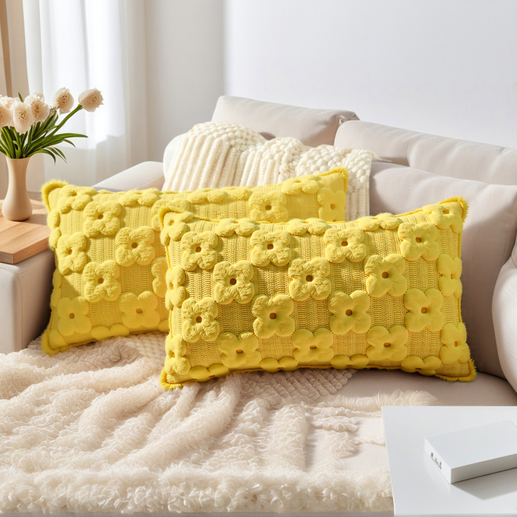 Unique Bargains Cute Daisy Embroidery Pillow Covers Pack of 2 Yellow 20" x 12"