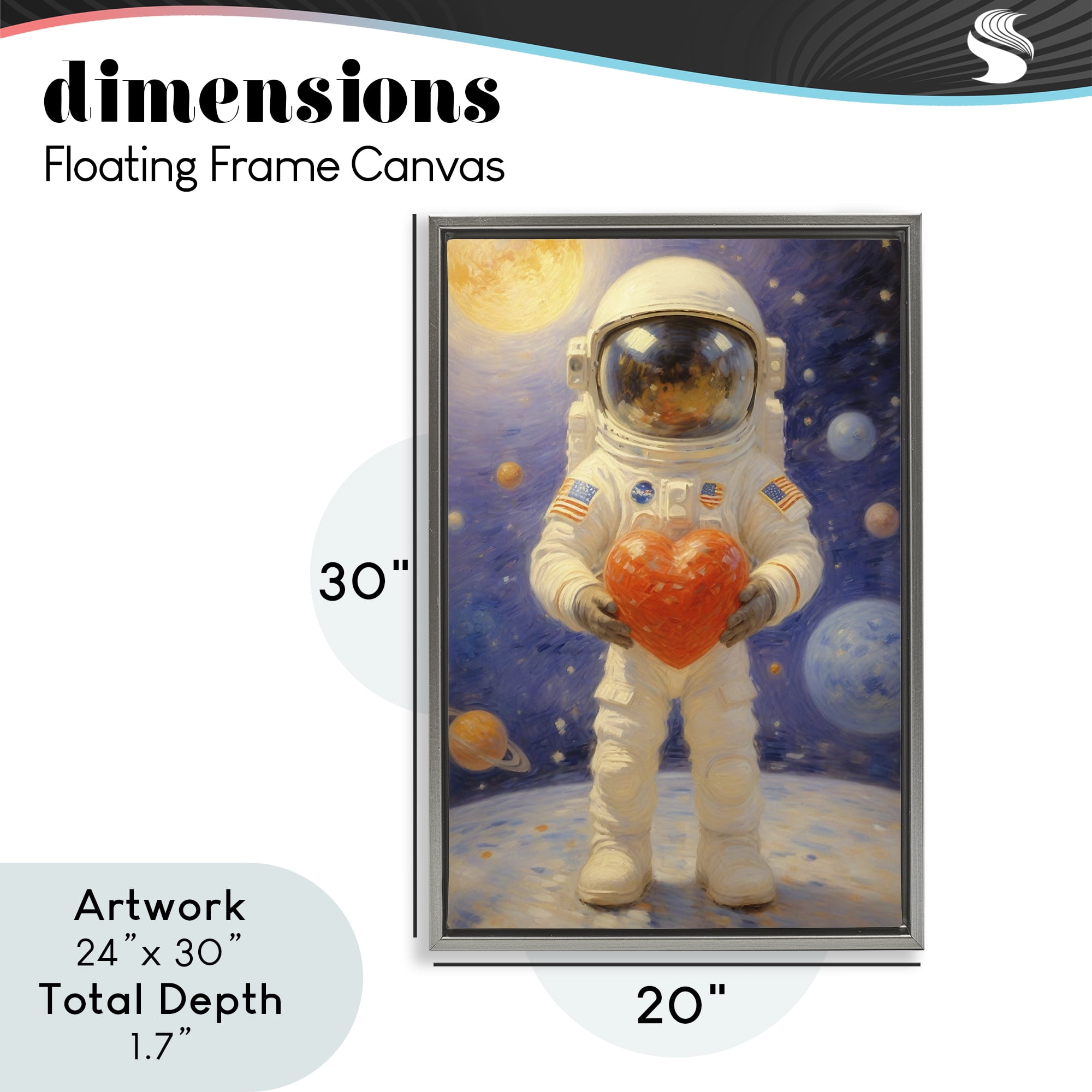 Astronaut Holding Heart Gray Framed Floater Canvas Wall Art, design by Angie Hawke
