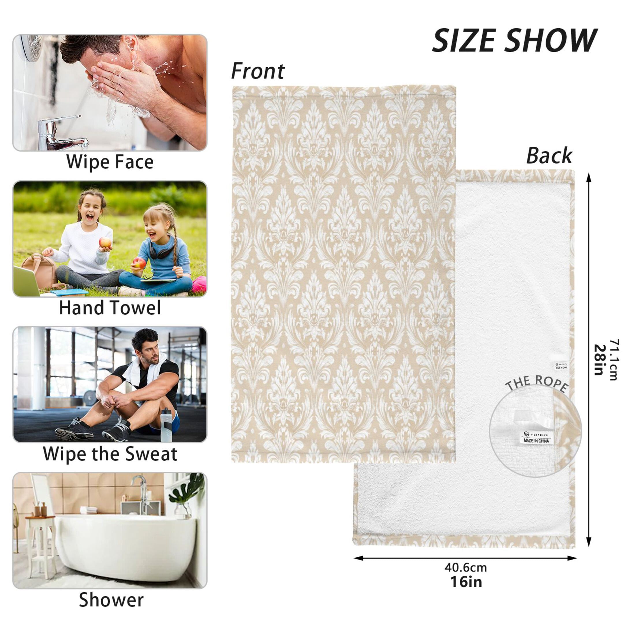 2 Pieces of Cotton Towel Face Towel Set Hand Towel Bath Towel Cotton Bath Towel Sets Cream Damask Timeless Motif