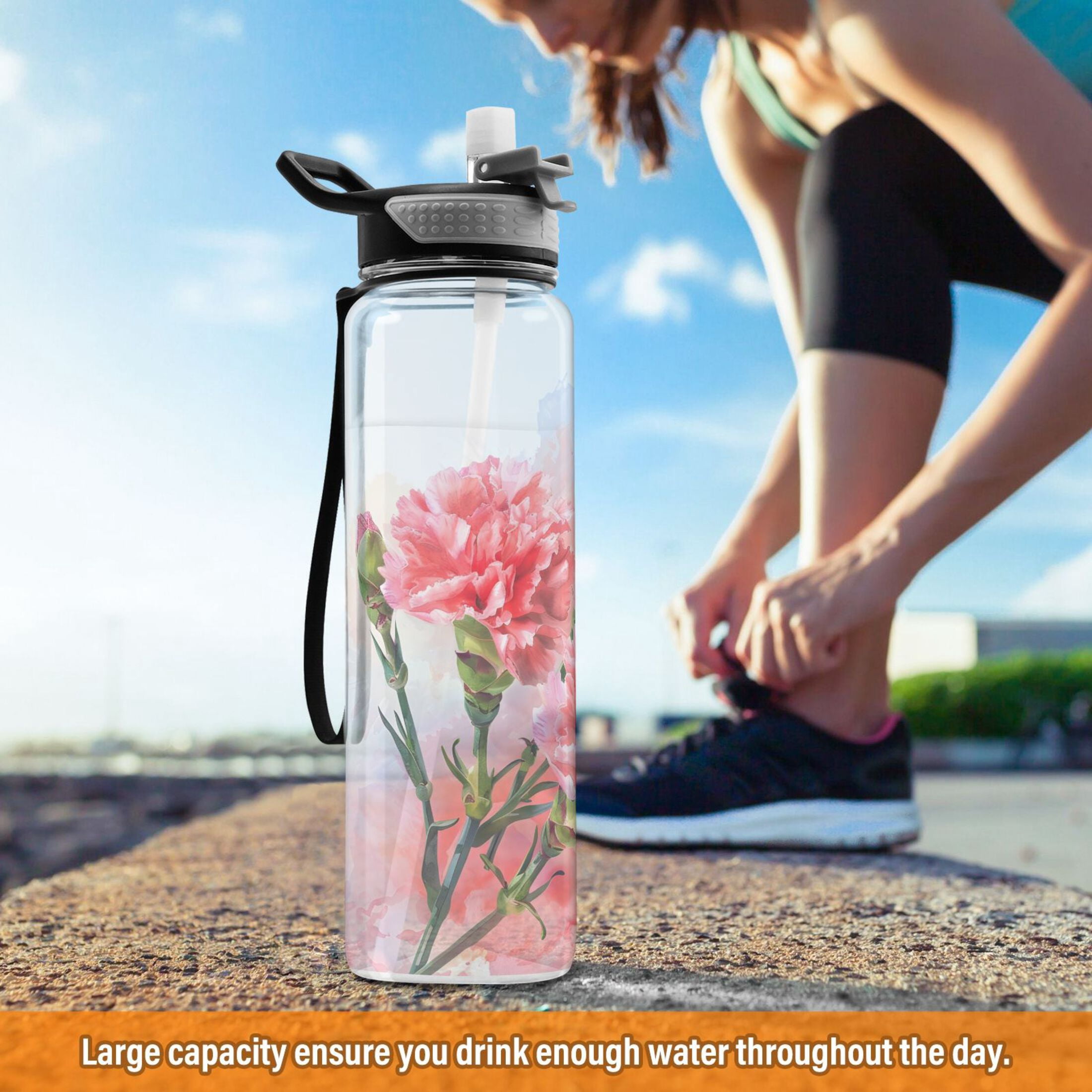 Painting Flowers Carnation Sports Water Bottle Portable Travel Mug 32oz BPA Free Leak Proof Straw Transparent Tritan for Gym Yoga Cycling Camping