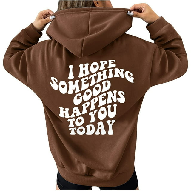 aohooy Womens Letter Graphic Print Hoodie Back Pattern Long Sleeve Drawstring Pullover Hoodie Sweatshirt Tops with Pocket Coffee,XXL