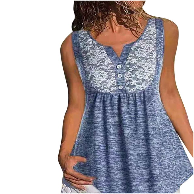 Birdeem Mode Décontractée pour Femmes Col Rond Dentelle Sans Manches Boutons Hauts Blouse T-Shirt