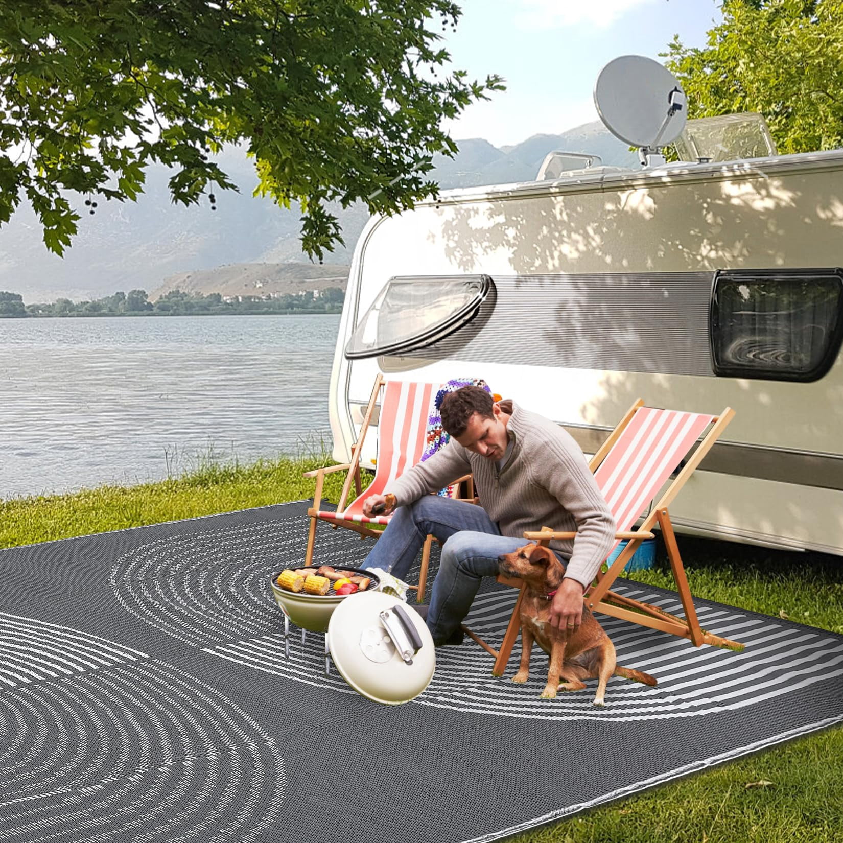 Kicctian Outdoor Rug 8x10 Ft Patio Waterproof, Outdoor Patio Rug Plastic Straw Outdoor Carpet, Large Modern Area Rug Carpet for Camping Poolside RV, Easy to Clean, Grey & White