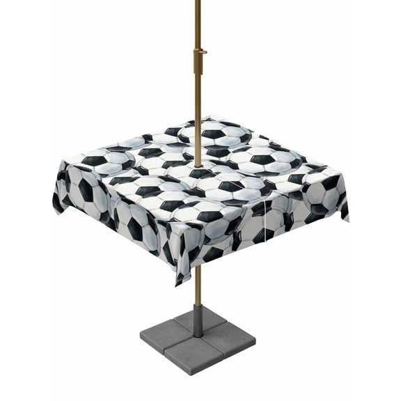 Outdoor Tablecloth with Umbrella Hole for Patio/Picnic/Party/Camping, Dense Soccer Balls Waterproof Table Cloth Square Cover Washable, Black White Footballs (54"x 54")
