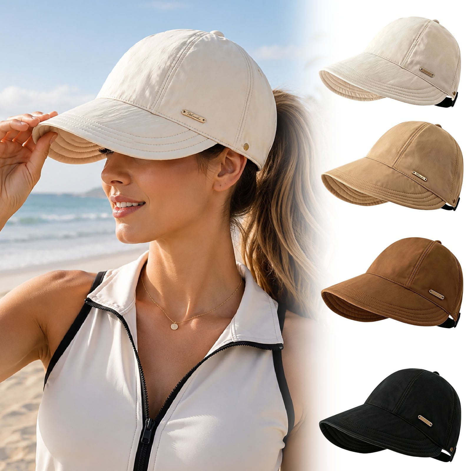 vzibsiv Womens Ponytail Sun Hat UPF 50+ Wide Brim Adjustable Fold‑able Outdoor Baseball Cap Beige