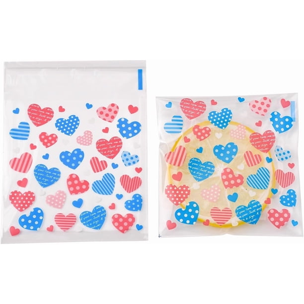 100 bolsas rectangulares de plástico OPP de 25 x 33 cm (10" x 13") autosellantes con diseño de corazones para envasar regalos y productos.