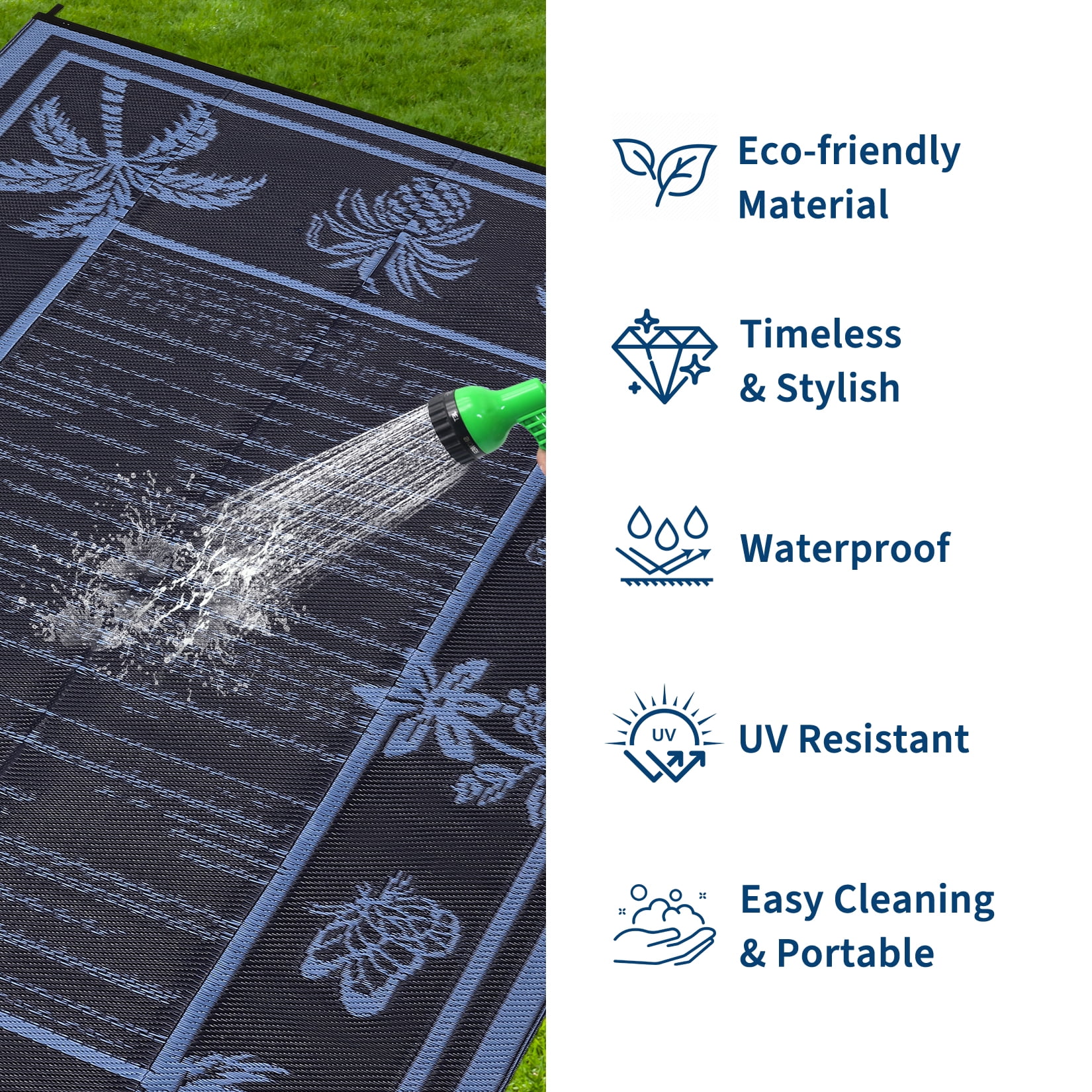 Garvee Outdoor Rug 8x10ft Waterproof Reversible Foldable Plastic Straw Rug, Tropical Leaf Border Outdoor Mat for Patio, Camping, RV, Deck, Porch, Balcony, Blue