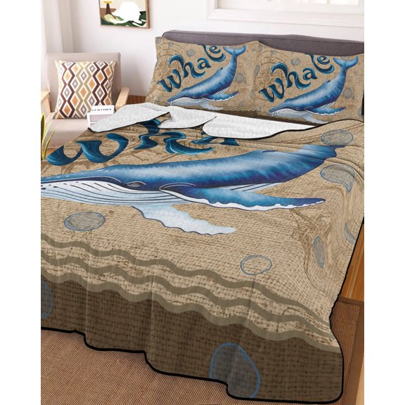 King Quilt Bedding Set, Summer Oceans Whales Lightweight Coverlet Summer Comforter Set Soft Microfiber Bedspread, Retro Compass Sails 3 Piece Quilt Set with 2 Pillow Shams