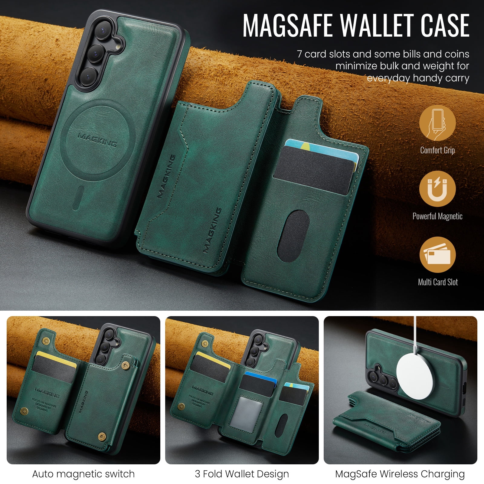 Designed for Samsung Galaxy S25+ Wallet Phone Case,Magnetic Detachable Flip Card Holder,Back Flip Kickstand,Compatible with Mag-Safe,2-in-1 PU Leather Heavy Duty Shockproof Phone Case,Green