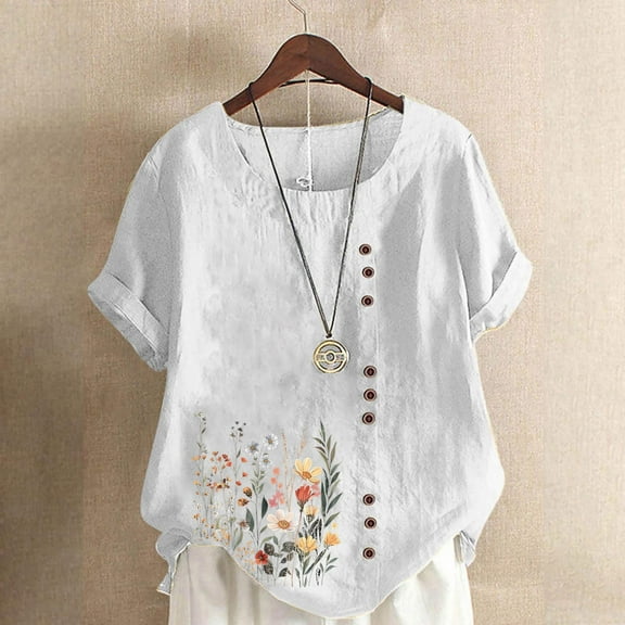 Tops for Women under $5 Short Sleeve Round-Neck Floral Printed Button Casual T-shirt White M
