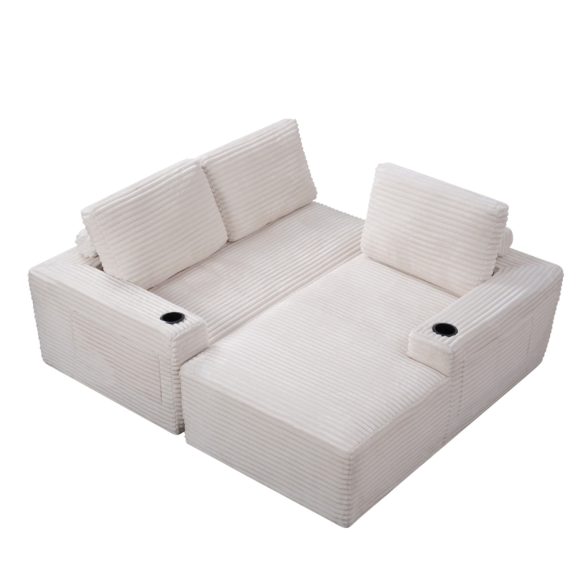 L-Shape Cloud Couch Cup Holders, Modular 104" Cloud Sectional Sofa Corduroy Boneless Sofa Couch with Chaise for Living Room, Cream