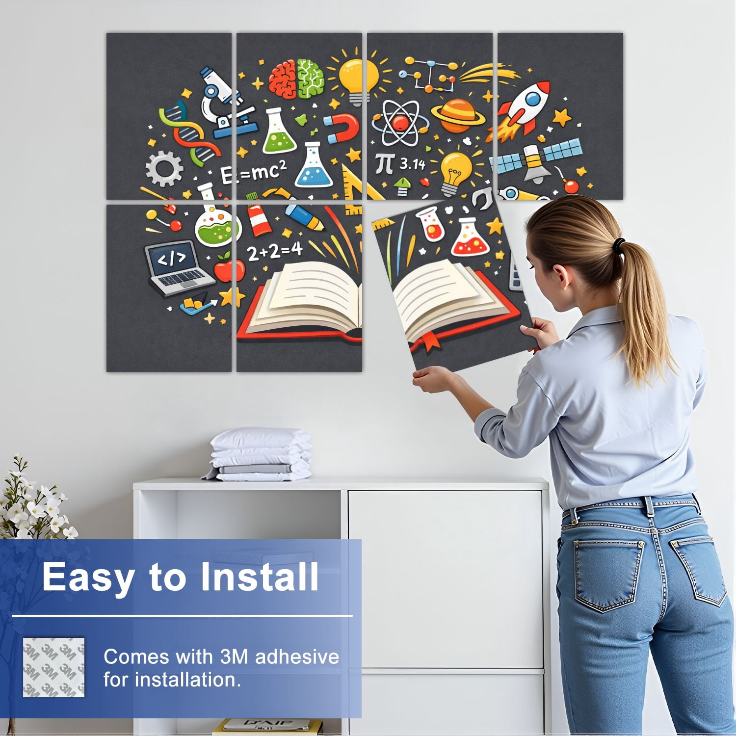 Classroom 8 Pack Art Acoustic Panels Sound Absorbing Science Education Symbols Knowledge Technology Math Decorative Soundproof Wall Panels Self Adhesive for Nursery Kids Game Room 48"x32"