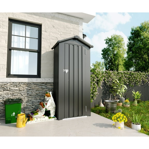 2.5 X 1.4FT Outdoor Storage Shed, Compact Metal Garden Sheds Storage with Single Lockable Door, Adjustable Shelves & Movable Partition Board for Backyard, Garden, Patio, Lawn, Black
