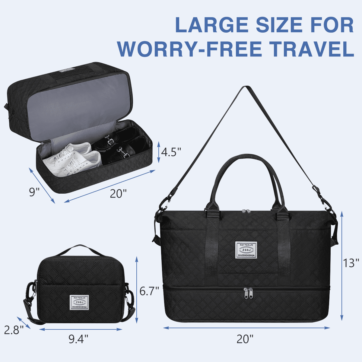 Travel Bag with Shoes Compartment, 40L Weekender Overnight Duffel Bag with Toiletry Bag and Shoes Bag, Gym Bag for Women with Wet Pocket, Personal Carry On Bag for Women, Travel, Gym, Weekend, Black