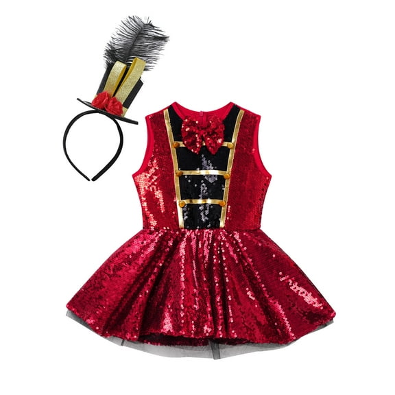 iiniim Girls Circus Ringmaster Outfits Halloween Sequin Tutu Leotard Dancewear for Kids Dress-Up Red 8