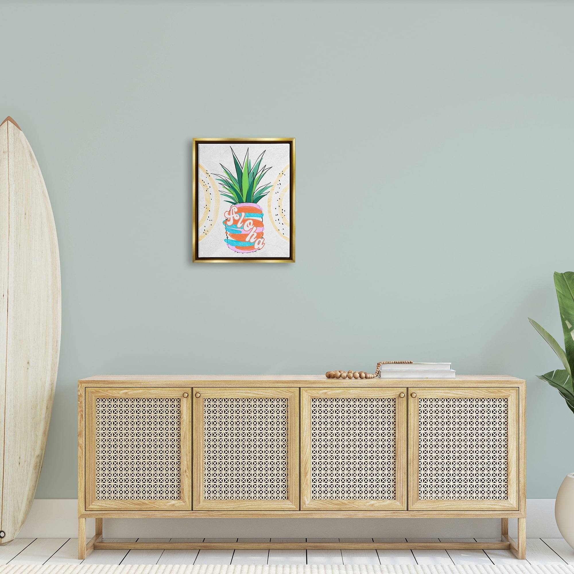 Stupell Industries Tropical Aloha Pineapple Bold Leaves Groovy Text Graphic Art Metallic Gold Floating Framed Canvas Print Wall Art, Design by Ziwei Li