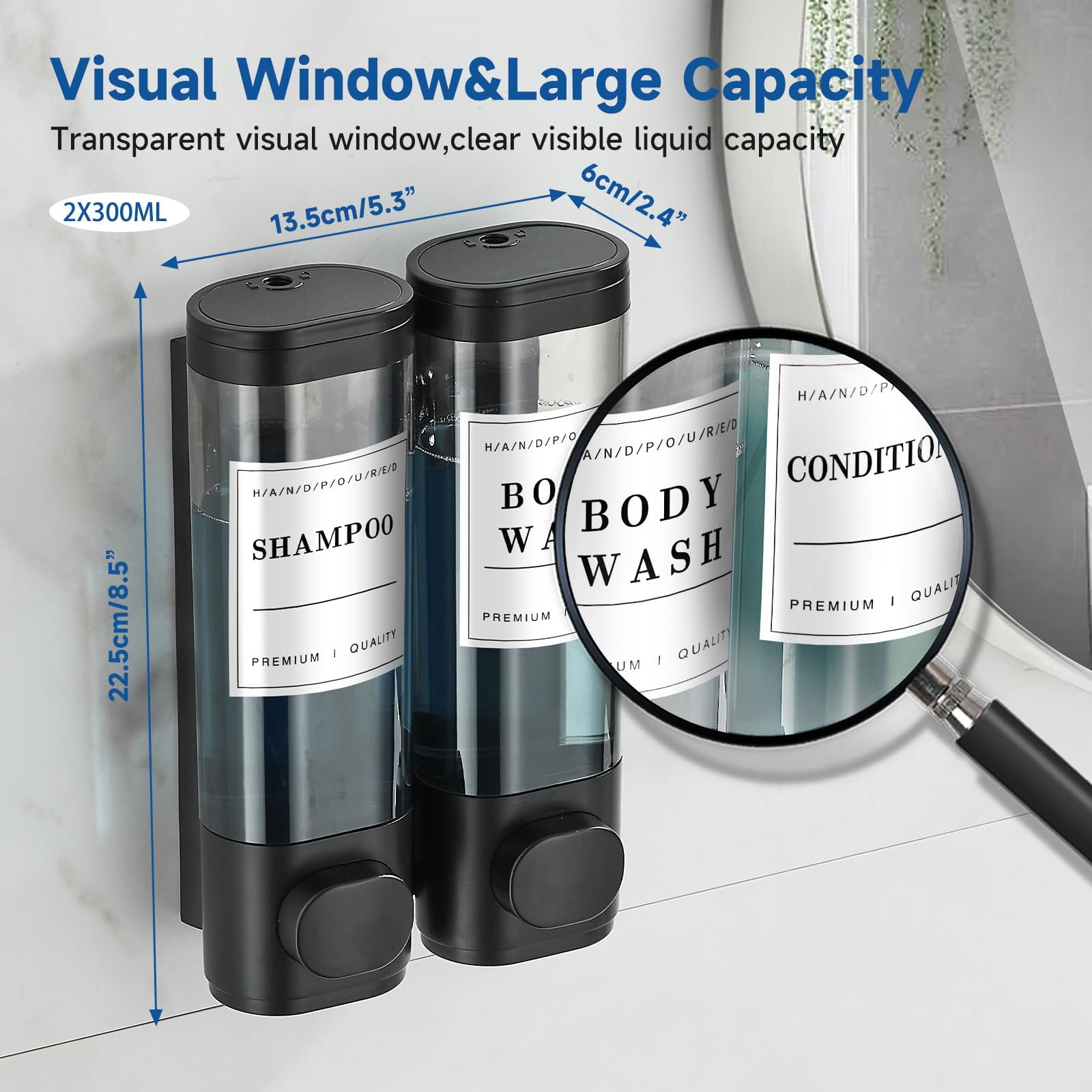 Shampoo and Conditioner Dispenser,Shower Soap Dispenser 3 Chamber No Drill Wall-Mounted Large Capacity