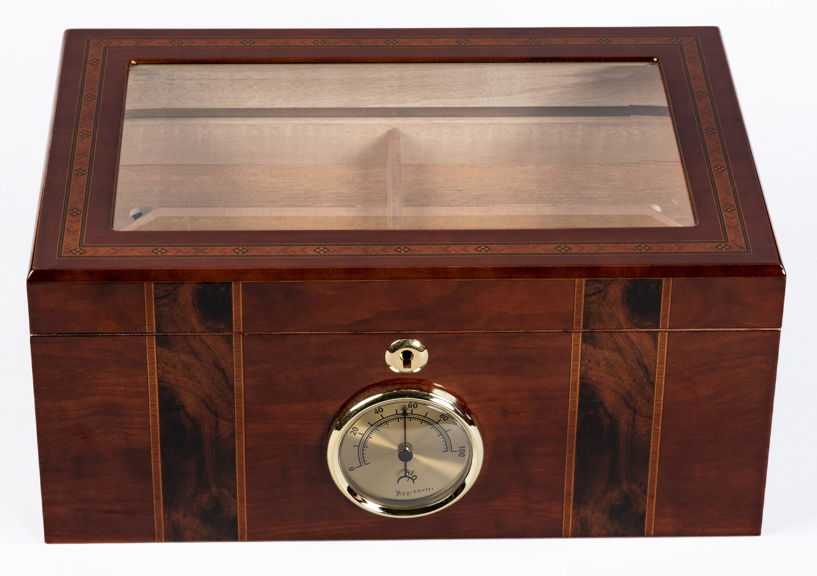 Ambassador Beveled Glass Top Cigar Humidor - High Gloss Dark Mahogany Finish - Capacity: 100