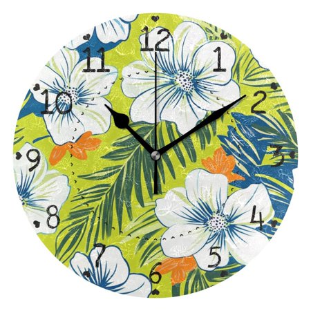 Hawaii Pattern White Blue Tropical Florals Round Wall Clock Silent Analog Battery Operated Black Pointer Home Decor 9.84 Diameter