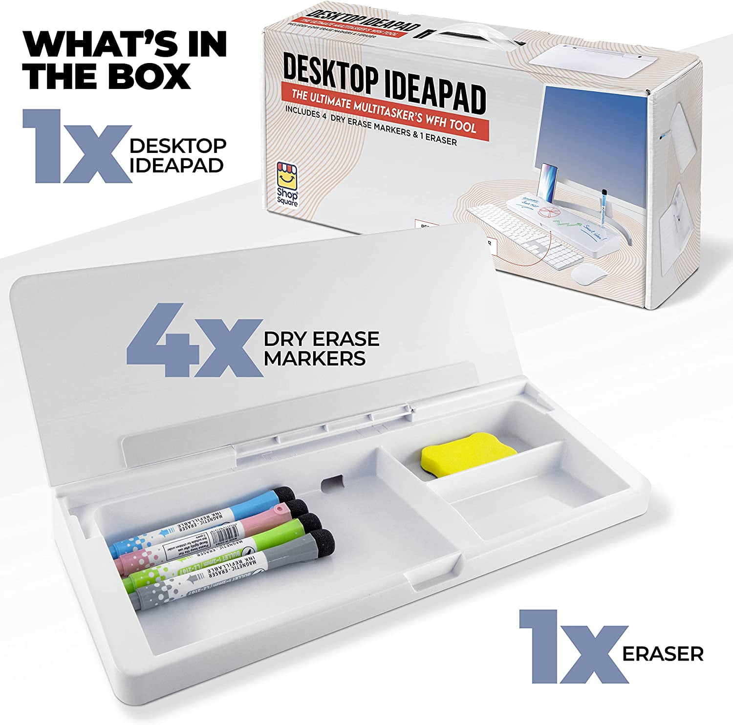 Desktop Whiteboard with Storage Compartment and Phone & Tablet Slot - Includes 4 Markers, 1 Eraser