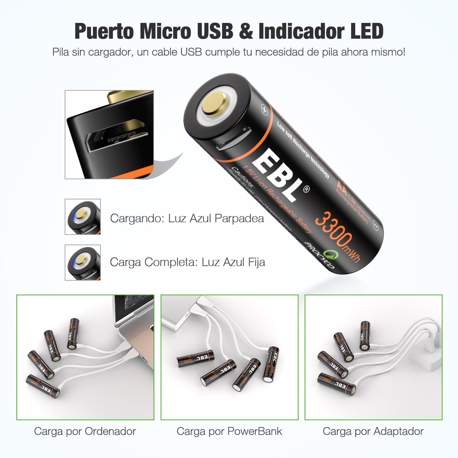 EBL 1.5V AA Li-ion Rechargeable Batteries Double A Lithium Battery with 2 in 1 Micro USB Charging Cable, 8-Pack