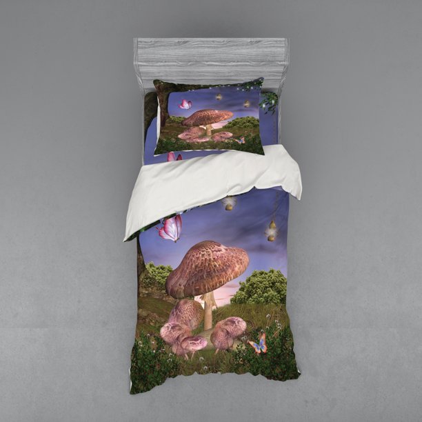 Fantasy Duvet Cover Set, Enchanted Forest with Butterflies and Mushroom Magic Fairy Tale Style