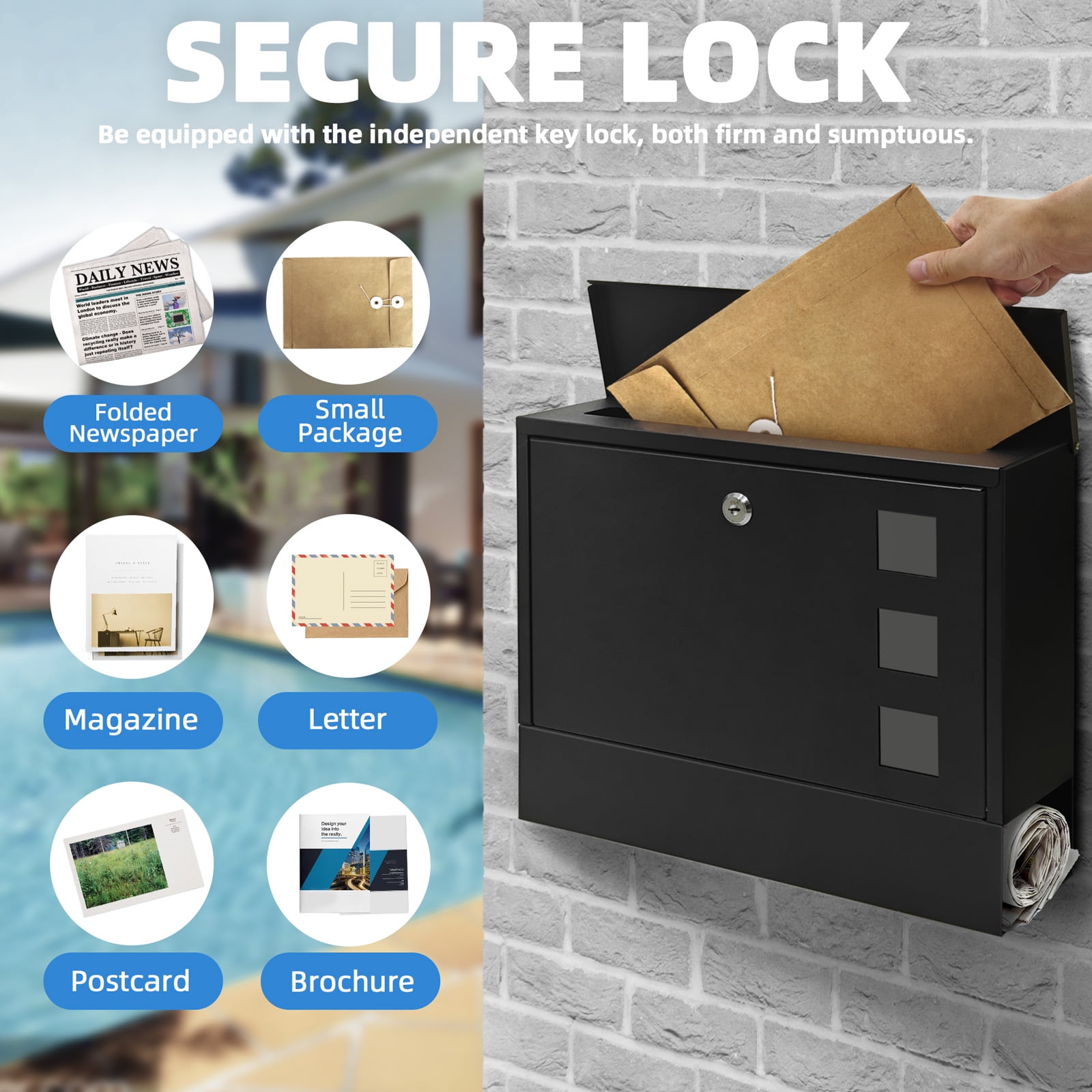 Mailbox Wall Mounted, Locked Mail Boxes, 14.3" x 4.1" x 11.8", Large Capacity Mailbox for Newspapers, Weatherproof Secure Mail Box, Key Lock Mail Boxes Outdoor (Black Rectangular Shape)