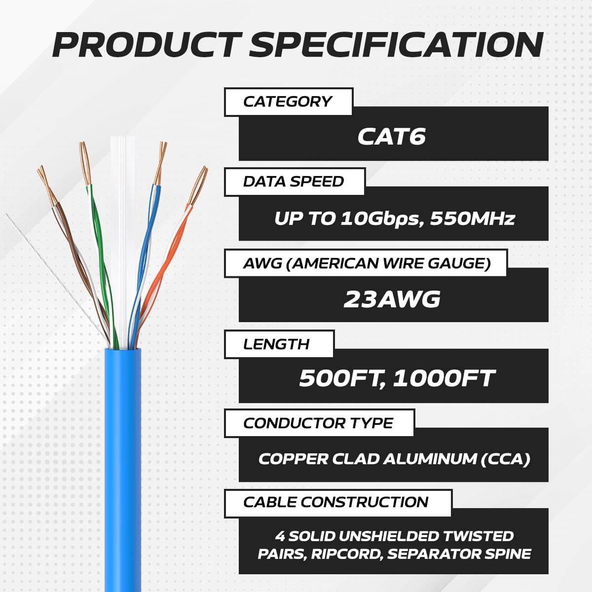 Cables Direct Online 500ft Cat6 Ethernet Cable Bulk – 23AWG Solid CCA UTP, Unshielded, 550MHz, Pull Box, LAN Network Wire, RJ45 Compatible, Indoor Use, High-Speed Internet, Blue