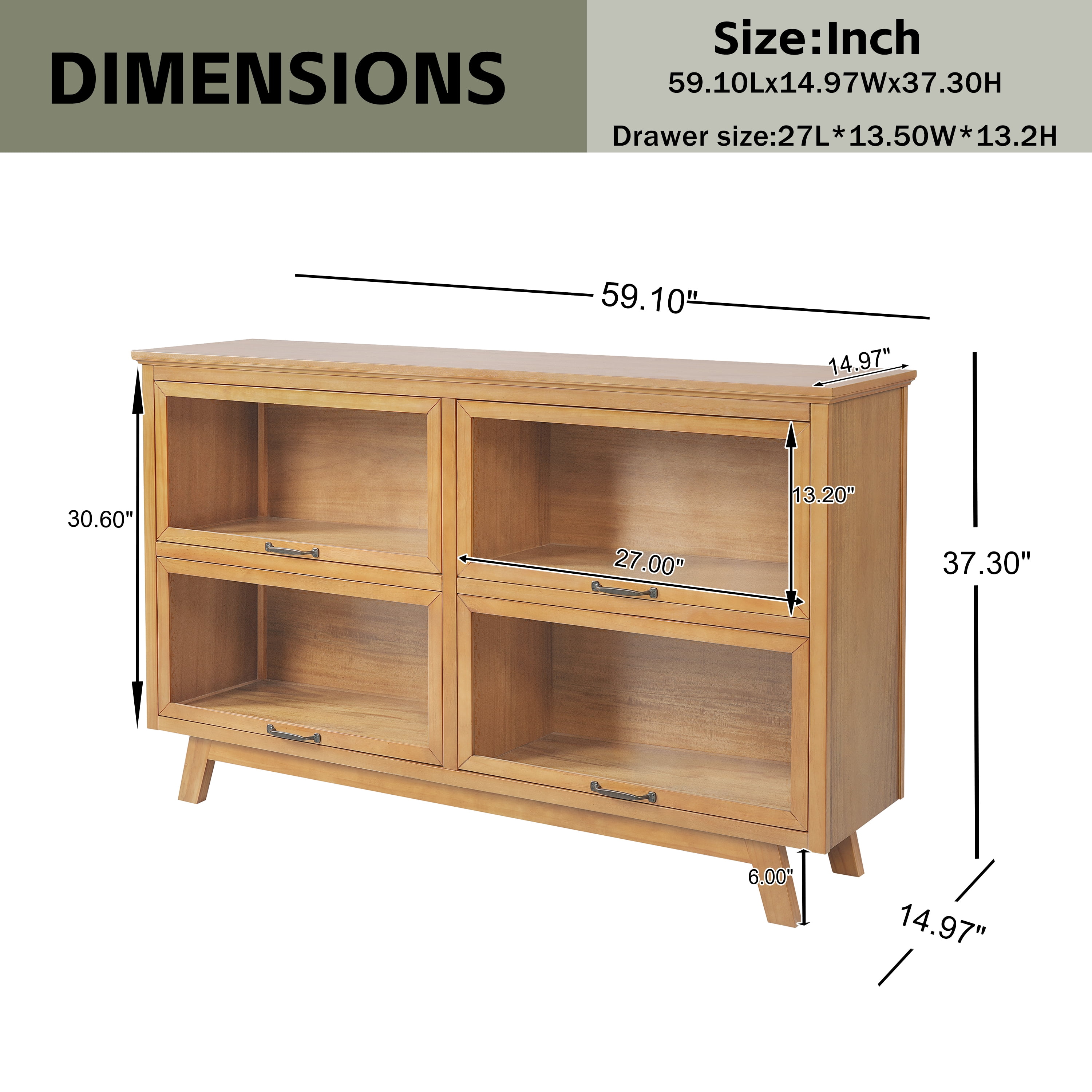 Modern Storage Cabinet with 4 Glass Doors and Wood Shelves, Display Cabinet with Antique Bronze Handles for Living Room, Natural