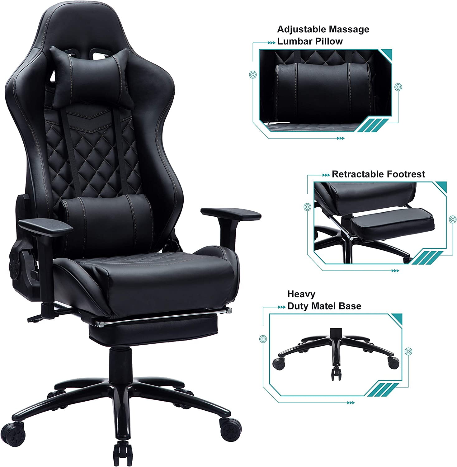 KBEST Big and Tall 350lb Massage Gaming Chair - Heavy Duty Metal Base,  Adjustable Back Angle and 3D Arms Large High-Back Leather & Fabric E-Sports