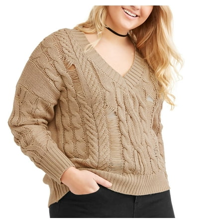 Poof Junior Plus Destructed V-Neck Cable Sweater