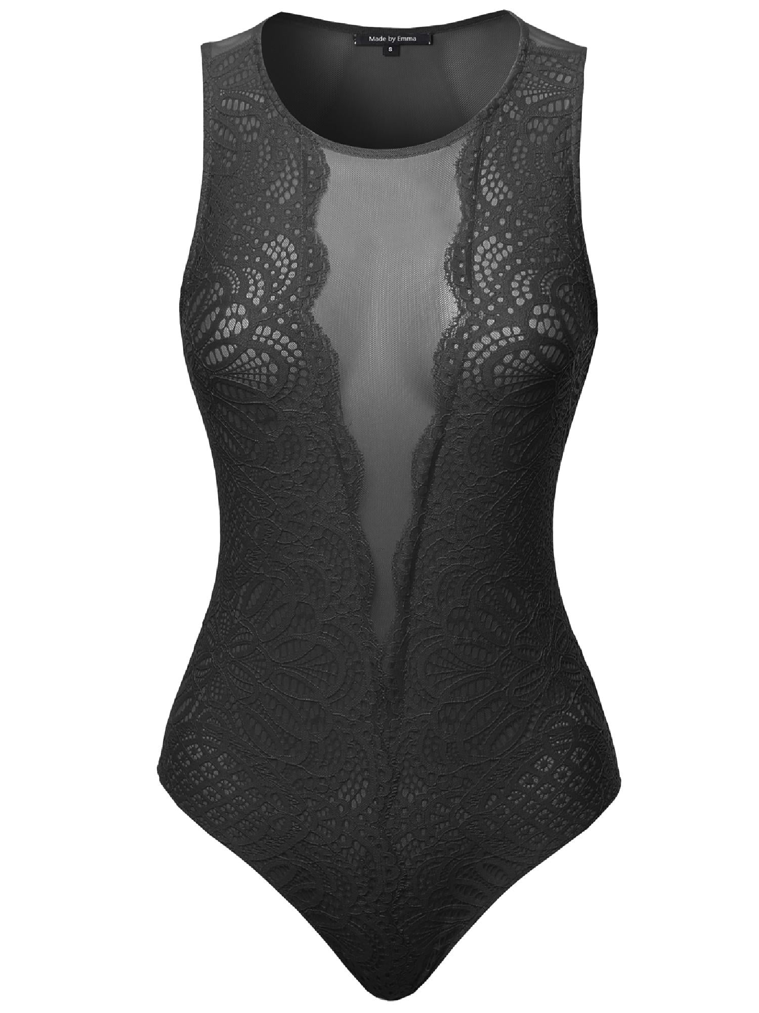 FashionOutfit FashionOutfit Women's Solid Sleeveless Sheer Mesh Lace Contrast Bodysuit